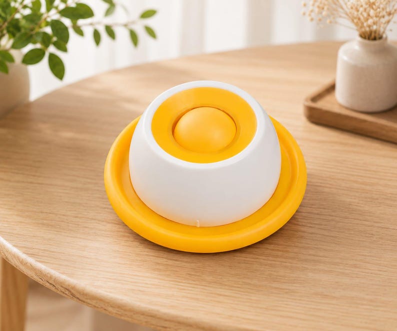 Puede incluir: Un objeto redondo en forma de c&uacute;pula con una base de color amarillo brillante y una secci&oacute;n superior blanca. El centro de la c&uacute;pula blanca contiene un elemento circular amarillo similar a un bot&oacute;n. El dise&ntilde;o es liso y sim&eacute;trico.