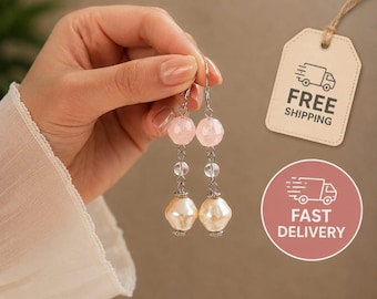 Handmade Rose Quartz Pearl Dangle Earrings, Boho Drop Jewelry, Minimalist Gold Toned Beads