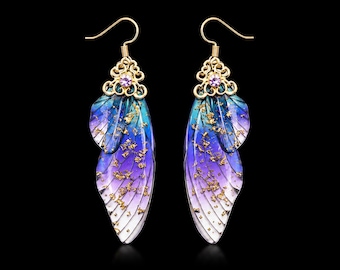 Fairy Wing Drop Earrings: Gradient Resin, Gold Foil, Rhinestone Fantasy Jewelry