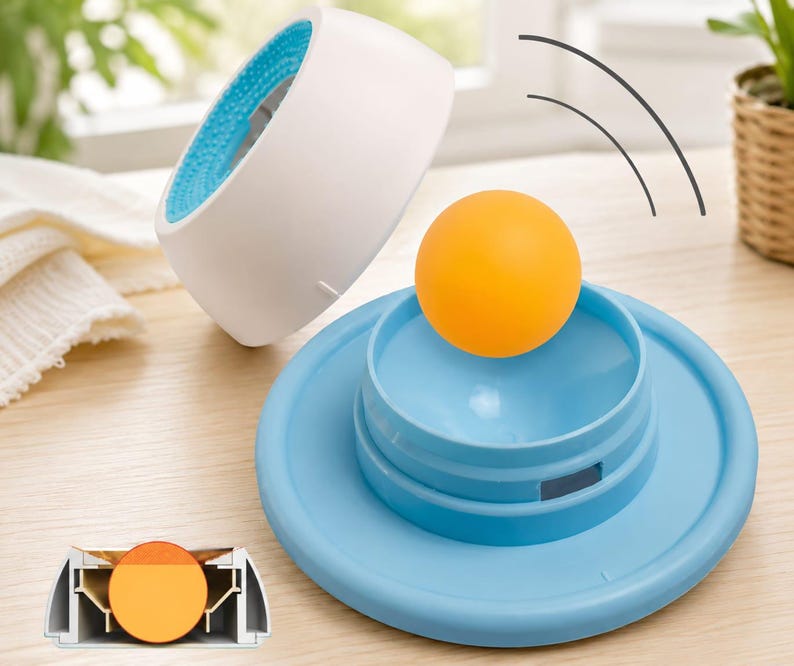 Puede incluir: Un juguete para mascotas de pl&aacute;stico blanco y azul claro con una base circular, una pista central y una pelota de color naranja brillante. El juguete incluye una cubierta blanca extra&iacute;ble con un interior azul texturizado y un diagrama.