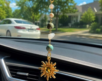 Handmade Sun Beaded Car Charm, Crystal Rearview Mirror Hanging, Boho Accessory