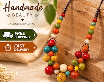 Colorful Handmade Boho Ceramic Beaded Necklace, Adjustable Statement Jewelry, Vintage Multicolor Gift for Women