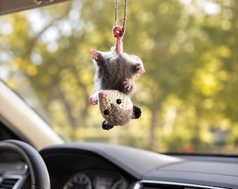 Crocheted Opossum Car Charm: Amigurumi Rear View Mirror Ornament, Handmade Possum Accessory