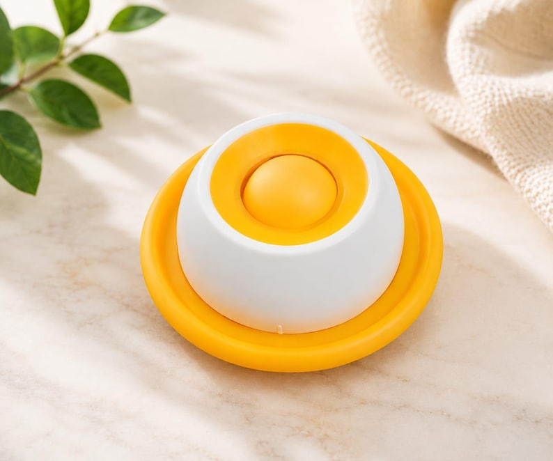 Puede incluir: Un objeto circular en forma de c&uacute;pula que presenta una base exterior blanca con un borde amarillo brillante y un bot&oacute;n central circular amarillo. El dise&ntilde;o es sim&eacute;trico, con un acabado liso y mate, y descansa sobre una superficie plana clara.