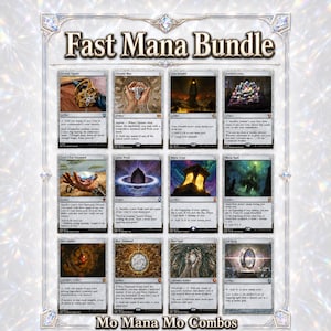 May include: A collection of Magic: The Gathering cards, labeled "Fast Mana Bundle" and "Mo Mana Mo Combos." The cards feature various artifacts with detailed illustrations and text descriptions. The overall color scheme is a mix of gold, blue, and black.