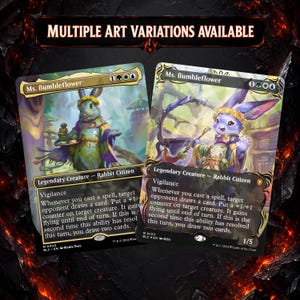 May include: Two Ms. Bumbleflower trading cards featuring a rabbit citizen character in colorful attire. The cards display game text, mana symbols, and the header text Multiple Art Variations Available. The artwork depicts a rabbit in a forest setting.