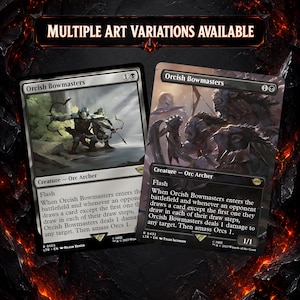 May include: Two Orcish Bowmasters trading cards from the Lord of the Rings set. The left card features a standard frame with two archers, while the right card displays full-art imagery of orcs. Both cards include the text Orcish Bowmasters.