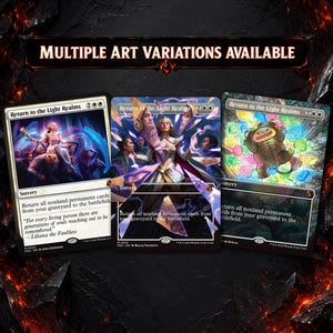 May include: Three Return to the Light Realms Magic: The Gathering cards displayed side-by-side. The left card features a woman in white, the center card shows a woman surrounded by shards, and the right card depicts a cartoon creature.