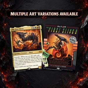 May include: Two Magic: The Gathering trading cards titled The First Sliver, featuring a dark, multi-limbed creature emerging from a fiery orange egg. The cards display text including Cascade, Legendary Creature, and mana symbols, with one card featuring a 3 Day Rental sticker.
