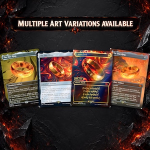 May include: Four Magic: The Gathering trading cards titled The One Ring are displayed side-by-side. Each card features a golden ring illustration with varying artistic backgrounds. The text Multiple Art Variations Available is at the top.