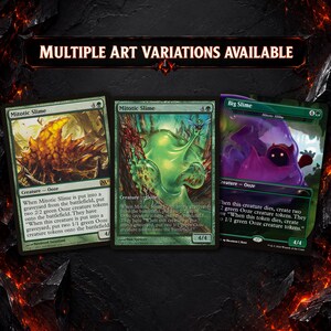 May include: Three Magic: The Gathering trading cards titled Mitotic Slime and Big Slime are displayed against a dark, textured background with the text MULTIPLE ART VARIATIONS AVAILABLE at the top. Each card features unique green and purple ooze artwork.