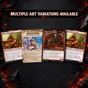 May include: Four Magic: The Gathering trading cards titled Magda, Brazen Outlaw, featuring three distinct artistic illustrations of a dwarf berserker character. The cards are displayed horizontally with the text Multiple Art Variations Available above.