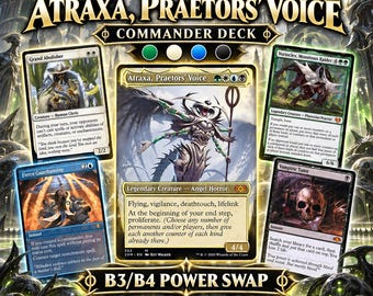 May include: A Magic: The Gathering Commander Deck set titled Atraxa, Praetors' Voice, featuring a central Atraxa card surrounded by Grand Abolisher, Vorinclex, Fierce Guardianship, and Vampiric Tutor cards, with B3/B4 Power Swap text and icons.