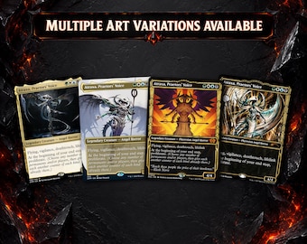 May include: Four collectible trading cards titled Atraxa, Praetors' Voice, each featuring unique fantasy artwork of an angel horror creature. The cards are displayed against a dark, textured background with the text MULTIPLE ART VARIATIONS AVAILABLE.