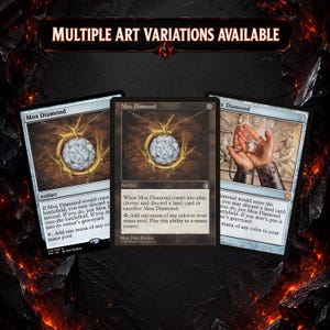 May include: Three Mox Diamond trading cards displayed against a dark, fiery background. The cards feature a central diamond pendant illustration and text detailing game rules. The top of the image includes the text MULTIPLE ART VARIATIONS AVAILABLE.