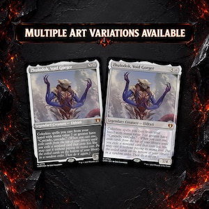 May include: Two Zhulodok, Void Gorger trading cards featuring a creature with blue arms and a pale head. The text reads Multiple Art Variations Available, Legendary Creature - Eldrazi, and includes game rules. The cards have a 7/4 power and toughness.