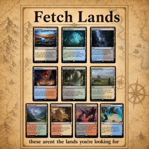 May include: A poster featuring nine Magic: The Gathering "Fetch Lands" cards. The cards have various landscape art, including forests, mountains, and coastal scenes. The text "Fetch Lands" is at the top, with the phrase "these aren't the lands you're looking for" at the bottom.
