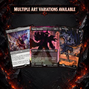 May include: Three Super Shredder trading cards featuring distinct illustrations of the character. The text MULTIPLE ART VARIATIONS AVAILABLE is displayed at the top. Each card includes the name Super Shredder, the card type Legendary Creature - Mutant Ninja Human, and game mechanics text including the keyword Menace.