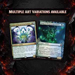 May include: Two Magic: The Gathering trading cards titled Avatar of Burgeoning Echoes with different illustrations. The cards feature green and blue borders, text detailing Landfall abilities, and the header text Multiple Art Variations Available.