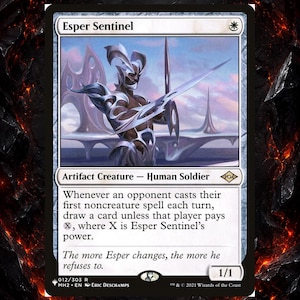 May include: A Magic: The Gathering card titled "Esper Sentinel." The card features a humanoid figure in silver armor holding a silver blade. The card text describes the artifact creature's abilities. The card has a white background with black text.