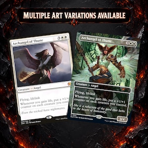 May include: Two Archangel of Thune trading cards displayed against a dark, fiery background. The text MULTIPLE ART VARIATIONS AVAILABLE appears at the top. Each card features unique fantasy artwork of an angel, game text, and stats.