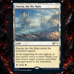 May include: A Magic: The Gathering card titled "Emeria, the Sky Ruin." The card features a landscape with a castle and clouds. Text on the card describes its function as a land card.