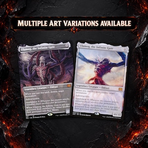 May include: Two Ulamog, the Infinite Gyre trading cards featuring distinct illustrations of a legendary Eldrazi creature. The text MULTIPLE ART VARIATIONS AVAILABLE is displayed above the cards, which detail game abilities and stats.