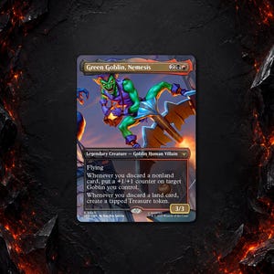 May include: A Green Goblin, Nemesis trading card featuring a green-skinned character in a purple outfit riding a mechanical glider. The card text includes Flying, ability descriptions, and a 3/3 power and toughness rating at the bottom right.