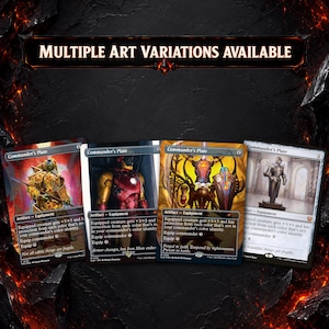 May include: Four Magic: The Gathering Commander's Plate artifact equipment cards displayed side-by-side. The text MULTIPLE ART VARIATIONS AVAILABLE appears at the top. Each card features unique artwork, including a golden figure, a red and gold suit, an ornate golden structure, and a knight in armor.