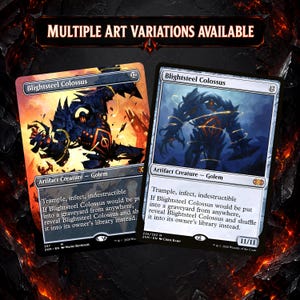 May include: Two Blightsteel Colossus trading cards featuring artifact creature golem illustrations. The left card has a fiery orange background, while the right card has a blue background. Both cards display the text Blightsteel Colossus, 12, and game rules.