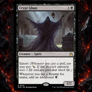 May include: A Magic: The Gathering card featuring the Crypt Ghast, a spectral figure with outstretched arms, draped in a dark cloak. The card text includes "Extort" and "Creature - Spirit". The card has a black border and a 2/2 power/toughness.