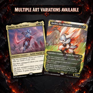 May include: Two Magic: The Gathering trading cards titled Baylen, the Haymaker, featuring a rabbit warrior character. The cards display game text, mana symbols, and the text Multiple Art Variations Available at the top of the image.