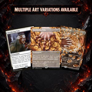 May include: Three Smothering Tithe trading cards displayed together. The left card shows a person eating gold coins. The center card features a hand resting on a pile of gold coins. The right card depicts hands reaching into a bowl of floating gold coins.