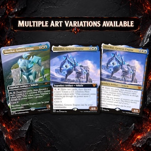 May include: Three trading cards titled Shorikai, Genesis Engine, each featuring a blue crystalline mechanical figure. The text reads Multiple Art Variations Available, Legendary Artifact - Vehicle, and includes game rules and the 8/8 power and toughness.