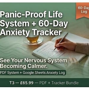 May include: A digital Panic-Proof Life System and 60-Day Anxiety Tracker bundle featuring a PDF system and Google Sheets log. The graphic displays the text Panic-Proof Life System + 60-Day Anxiety Tracker, 60-Day Log, and See Your Nervous System Becoming Calmer.