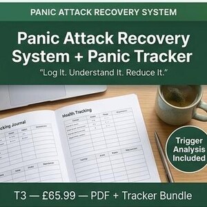 May include: A Panic Attack Recovery System and Panic Tracker journal open to a Health Tracking page with columns for dates, times, and symptoms. The text reads Panic Attack Recovery System, Panic Tracker, and Log It. Understand It. Reduce It.