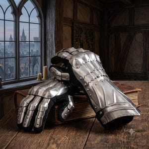 May include: A pair of articulated metal gauntlets featuring overlapping steel plates with scalloped edges, secured over a black fabric base. The gauntlets are constructed with individual finger segments and a protective cuff, showcasing a polished silver finish.