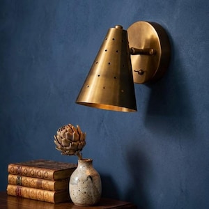 Perforated Brass Wall Sconce with On Off Switch – Mid-Century Cone Vanity Light – Retro Pinole Patina Wall Lamp
