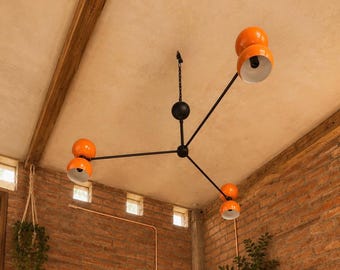 Mid-Century Modern 6-Eyeball Chandelier – Tangy Orange & Black Matte Brass Lamp