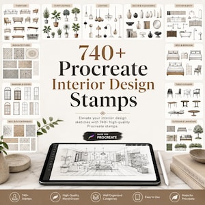 May include: A digital art product advertisement featuring a tablet displaying an interior design sketch. The image showcases various interior design elements, including furniture, plants, lighting, and decor. Text reads "740+ Procreate Interior Design Stamps."