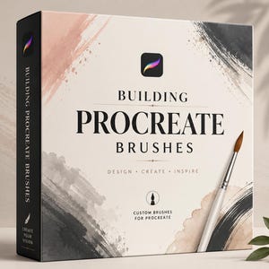 Może przedstawiać: Zestaw pudełek zatytułowany "Building Procreate Brushes" z logo Procreate. Pudełko zawiera pędzel i abstrakcyjne wzory akwarelowe w kolorach czarnym, szarym i brzoskwiniowym. Tekst zawiera "Design, Create, Inspire" i "Custom Brushes for Procreate."