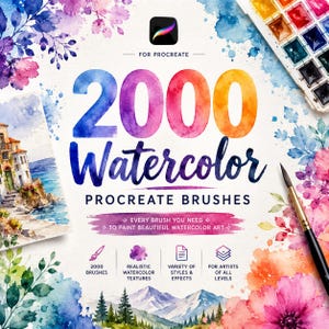 May include: A digital art graphic promoting 2000 Watercolor Procreate Brushes. The image features the text "2000 Watercolor Procreate Brushes" in a colorful watercolor style, with additional text indicating the brushes are for Procreate and include realistic textures and various styles.