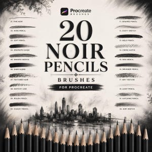 May include: An advertisement for Procreate brushes features 20 Noir pencils. The image displays pencil strokes and a cityscape. The pencils are black with a natural wood finish. Text includes "20 Noir Pencils" and "Brushes for Procreate."