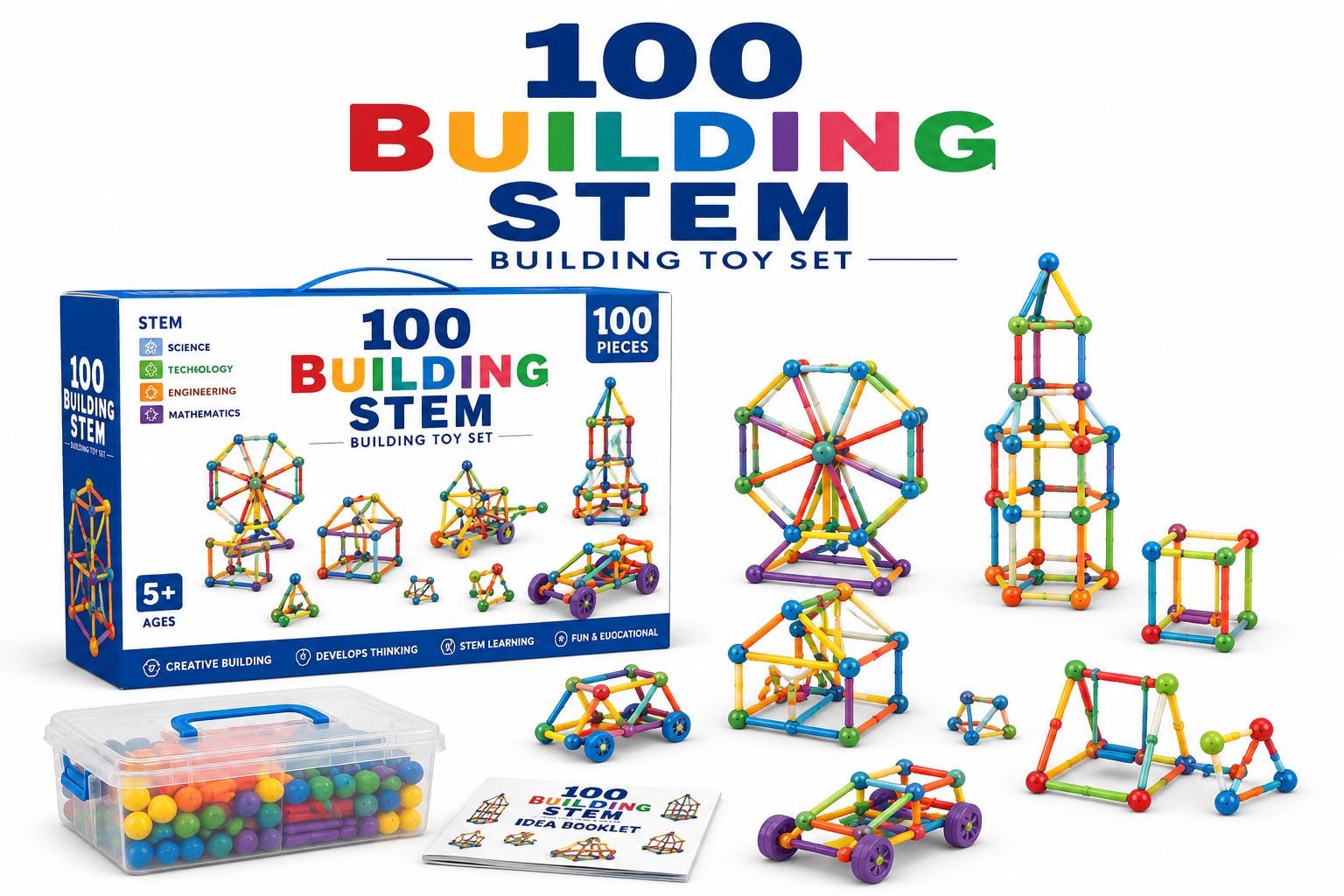 100 PCS STEM Building Toy Set for Kids Ages 5+ (Idea Booklet Included)