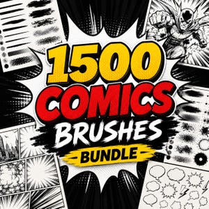Könnte beinhalten: Comic-Grafik mit dem Text "1500 COMICS BRUSHES BUNDLE" in Gelb und Rot. Das Bild enthält Comic-Panels, Sprechblasen und eine Superhelden-Illustration. Verschiedene Pinselstrichstile sind ebenfalls dargestellt.