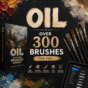 Op de afbeelding: Een digitaal productset met meer dan 300 olieverfkwasten voor Procreate. De afbeelding toont een doos met een landschapsillustratie, een tablet met een menu voor een kwastenbibliotheek en diverse penselen op een zwarte achtergrond.