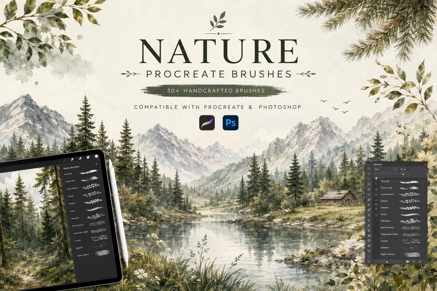 30+ Nature Procreate Brushes | Watercolor Trees, Leaves & Landscape ...