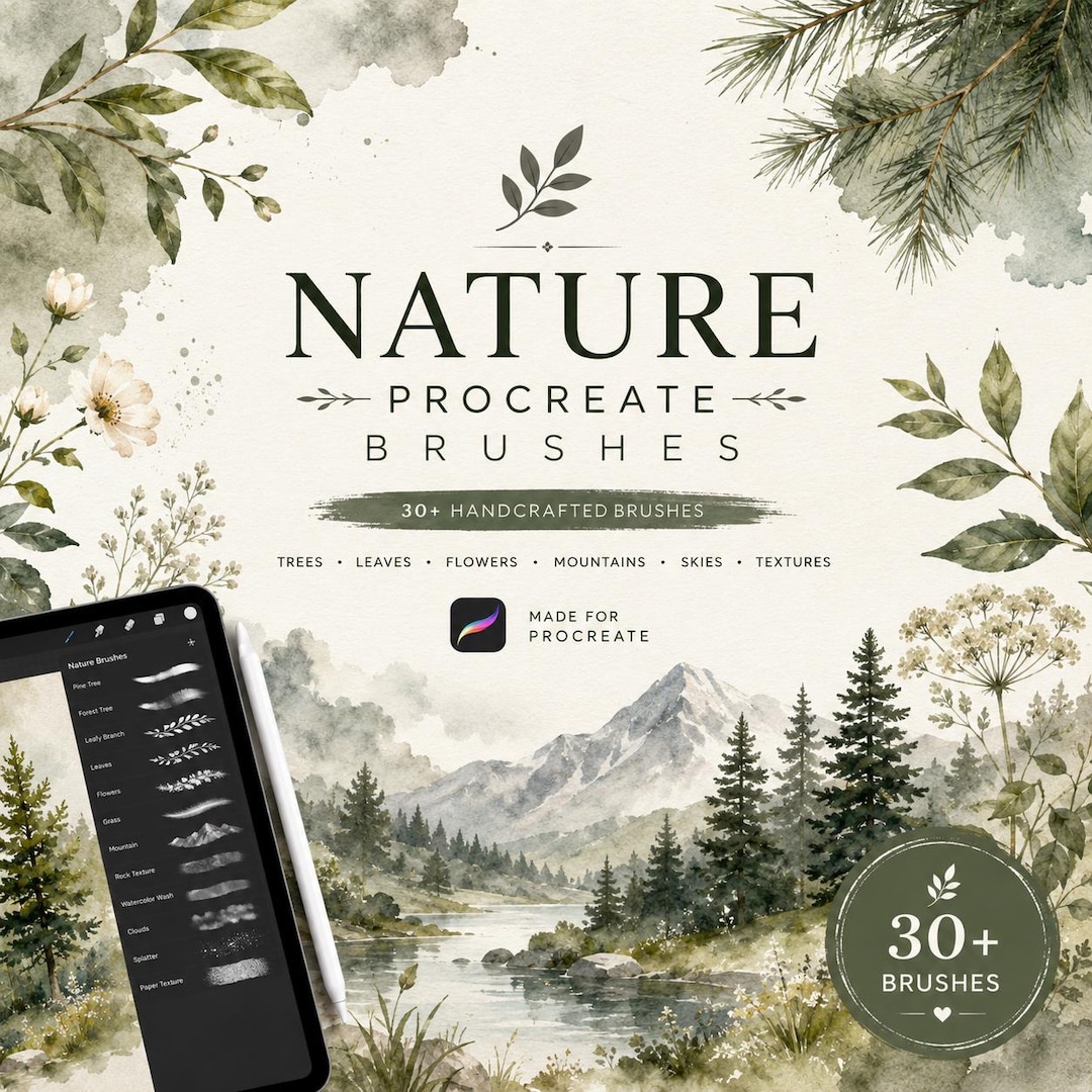 30+ Nature Procreate Brushes | Watercolor Trees, Leaves & Landscape ...