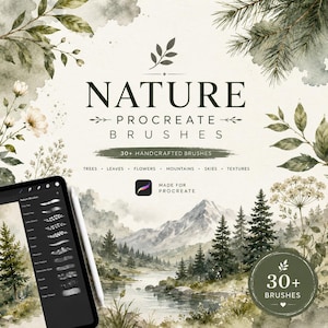May include: Digital Procreate brushes with a nature theme are shown. The image displays a tablet with brush options, alongside a watercolour landscape of mountains, trees, and a river. The text reads "NATURE PROCREATE BRUSHES" with "30+ HANDCRAFTED BRUSHES".