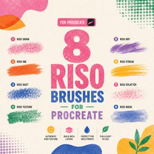 May include: A digital set of 8 Riso brushes for Procreate featuring various textured strokes in pink, orange, blue, green, purple, and yellow. The text reads 8 Riso Brushes for Procreate, with numbered labels for each brush style and icons below.